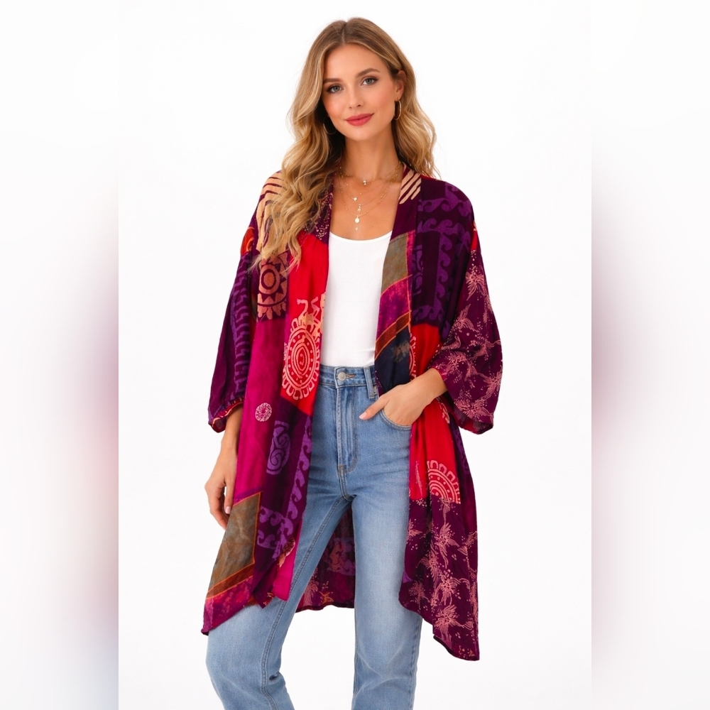 Wild Thing Wild Woman Artsy Boho Lagenlook Printed Long Kimono Cardigan One Size